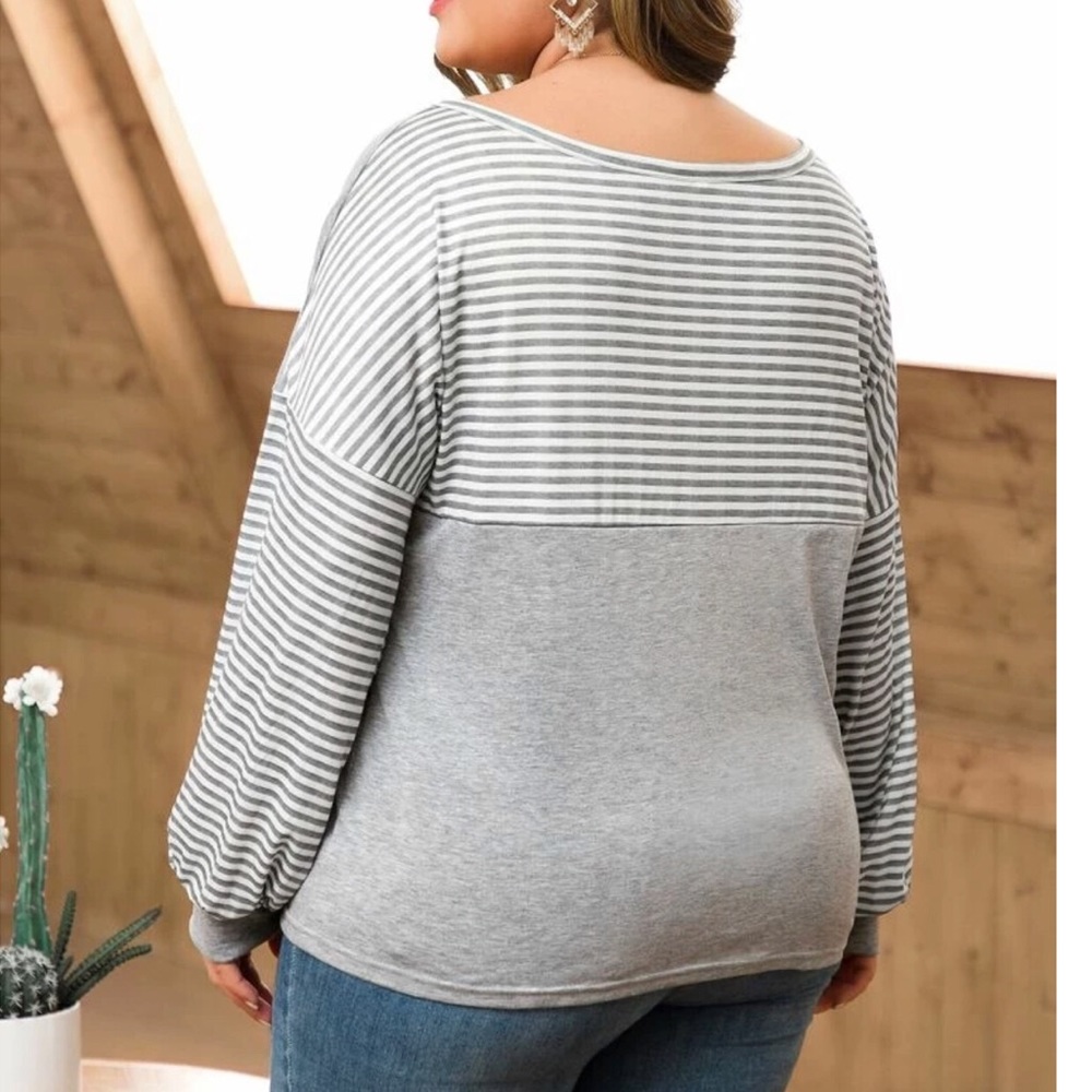 PLUS gray white contrast striped drop shoulder tee - Picture 3 of 5